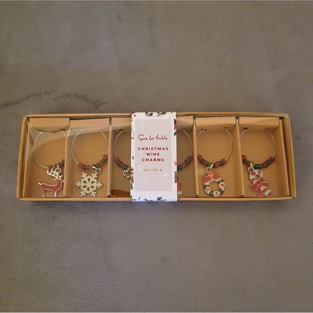 Sur La Table Christmas Metal Wine Glass Charms Set of 6, Multicolor